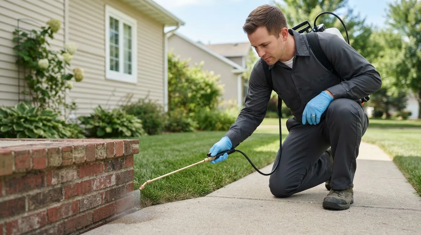 Pest control technician treating a home near Leeds, ND