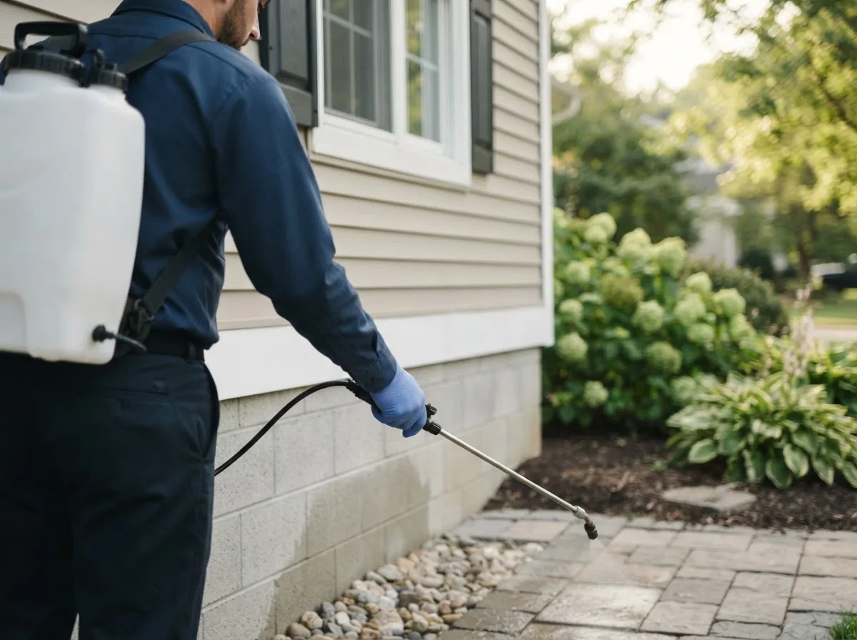 Pest control technician inspecting a home in Leeds, ND